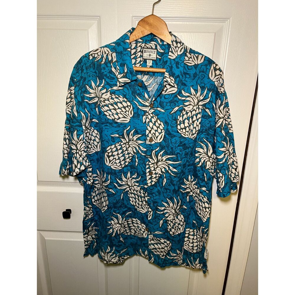 Bugle Boy Hawaiian Pineapple Button Up Shirt Mens XL Blue Tropical